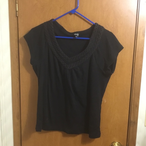 Rafaella Tops - Rafaella Black Short-Sleeve V-Neck Top with Crochet Trim L